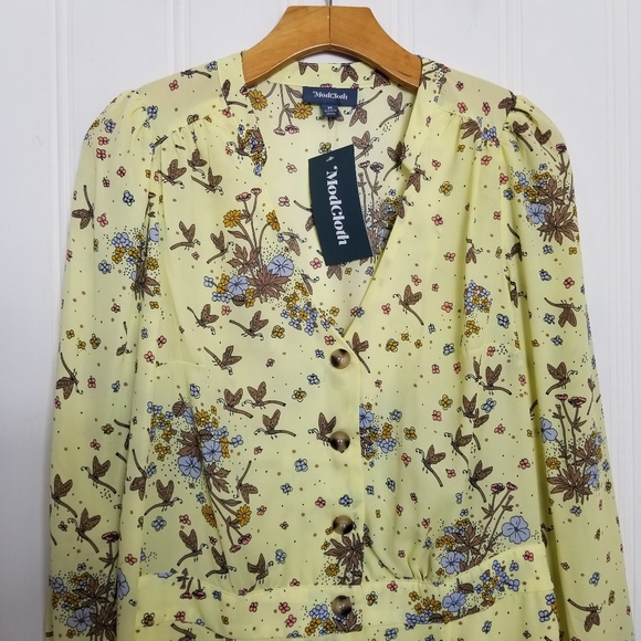 ModCloth Romper Womens Size M Yellow Floral Dragonfly Long Sleeve Jumper - Picture 3 of 14